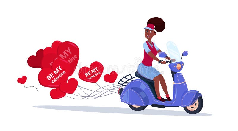 African American Woman Riding Retro Motor Bike With Heart Shaped Air Balloons Happy Valentines Day Concept
