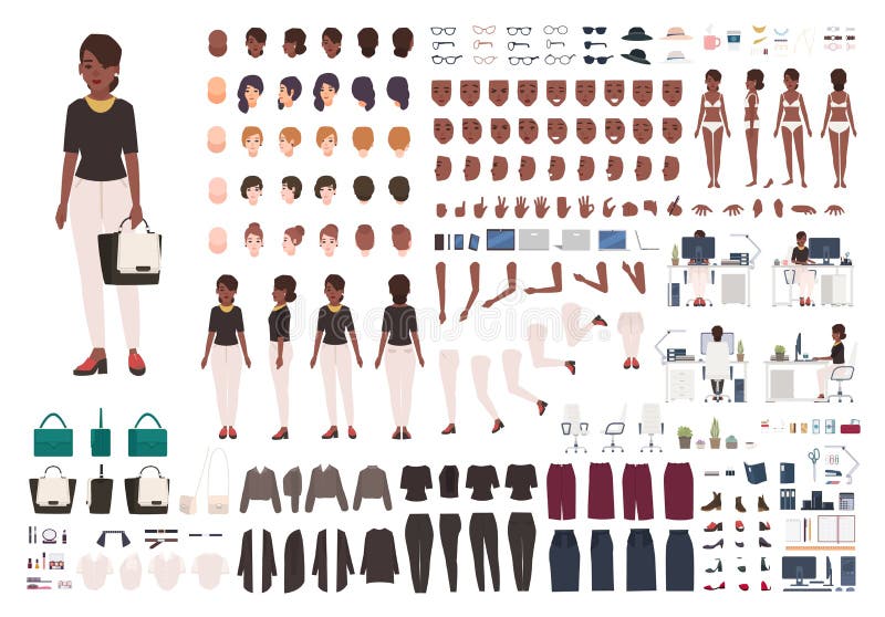 African American woman secretary, manager or office assistant DIY or animation kit. Set of female character body parts