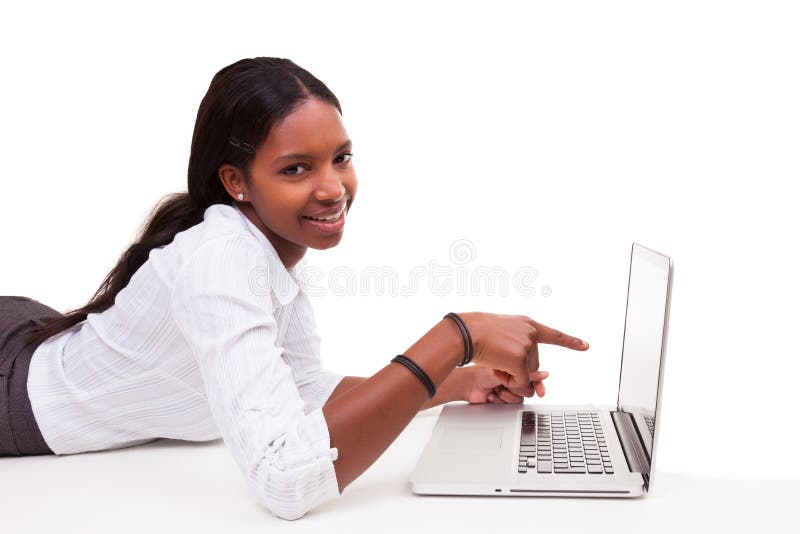 African American woman using a laptop - Black people royalty free stock photography African American woman using a laptop - Black people royalty free stock photography