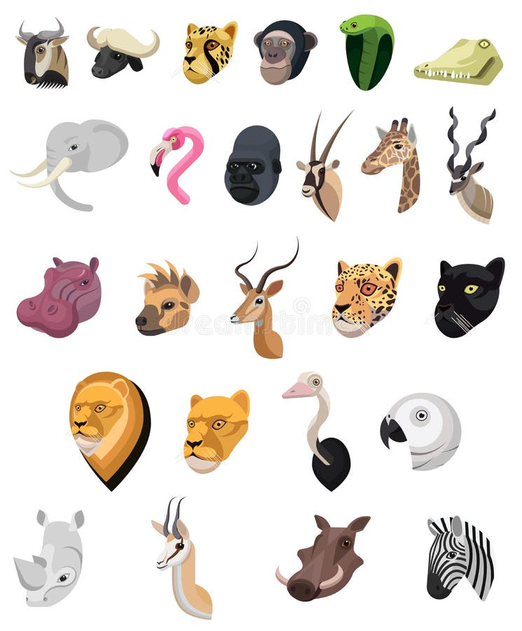African Animals Portrait Set Made in Unique Simple Cartoon Style. Heads of  Leopard, Antelope, Flamingo, Elephant Stock Vector - Illustration of  antelope, collection: 168724979