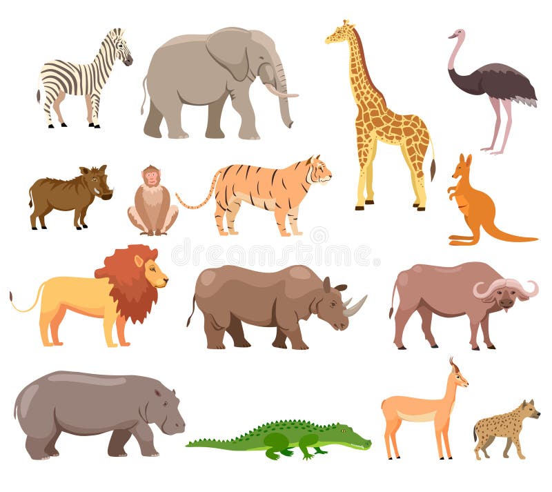 African Animals Set. Wild Jungle Fauna. Elephant, Giraffe, Buffalo