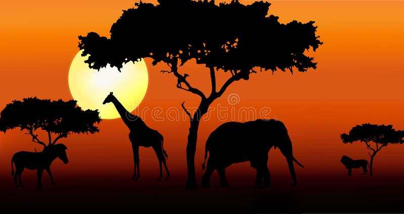 Silhouette African Safari Animal Landscape Scene Stock Vector -  Illustration of savanna, giraffe: 83735111