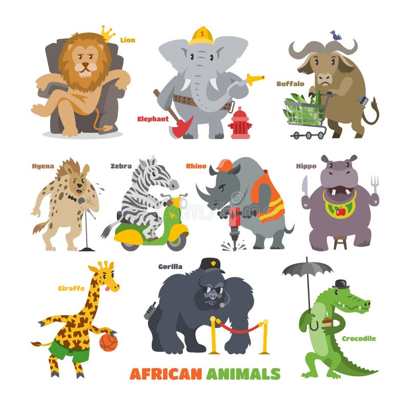 African Animals Vector Cartoon Wild Animalistic Characters Lion King  Elephant Fireman Security Gorilla in Safari Stock Vector - Illustration of  nature, motorcycle: 136802836