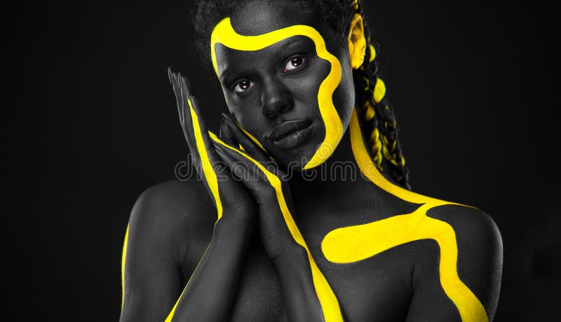 Yellow Black Body Paint Woman Face Stock Photo 2145187131