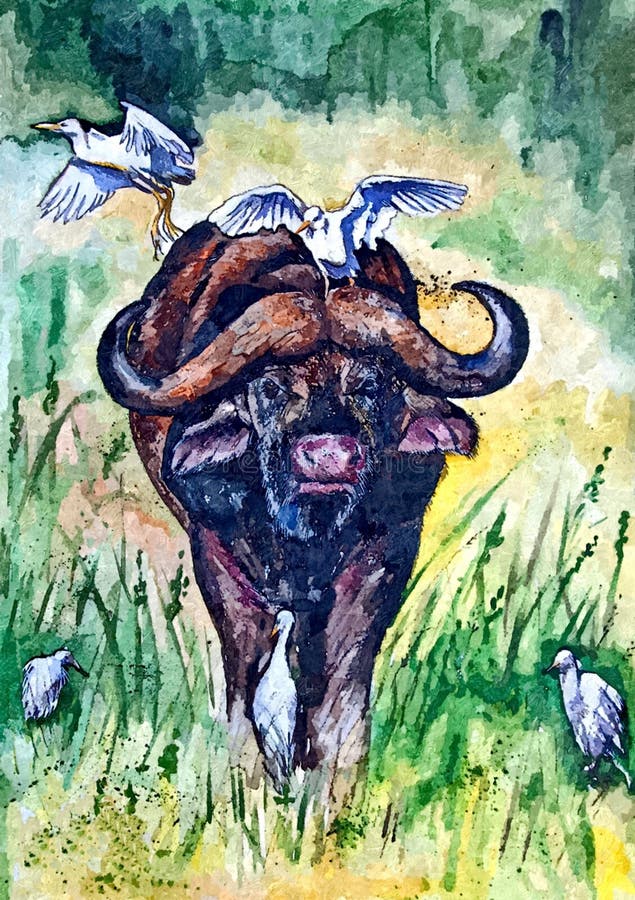 African Buffalo. Painting wet watercolor on paper. Naive art. Abstract art. Drawing watercolor on paper. royalty free illustration African Buffalo. Painting wet watercolor on paper. Naive art. Abstract art. Drawing watercolor on paper. royalty free illustration