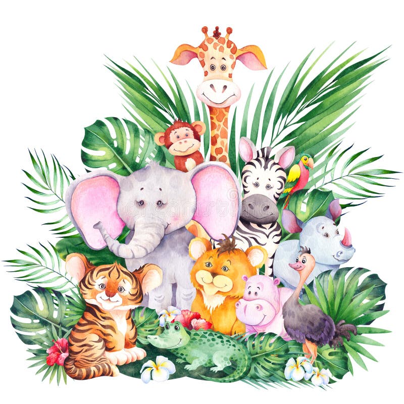 African cartoon animals. Cute children illustration. Watercolor isolated on white background