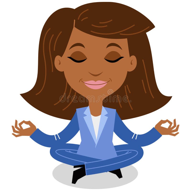 African cartoon business woman meditating, sitting in lotus pose vector illustration African cartoon business woman meditating, sitting in lotus pose vector illustration