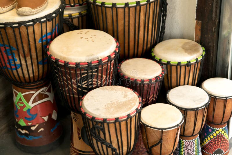 African drums, djembe, variety size of african drums royalty free stock image