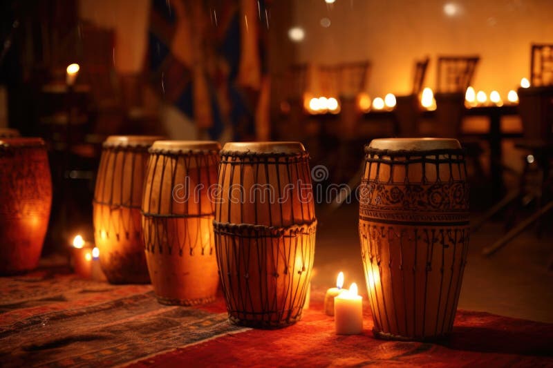 African drums lit by candlelight stock photography
