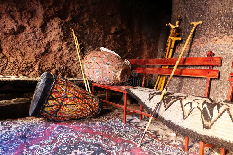 African drums and pilgrim rod, Ethiopia royalty free stock image