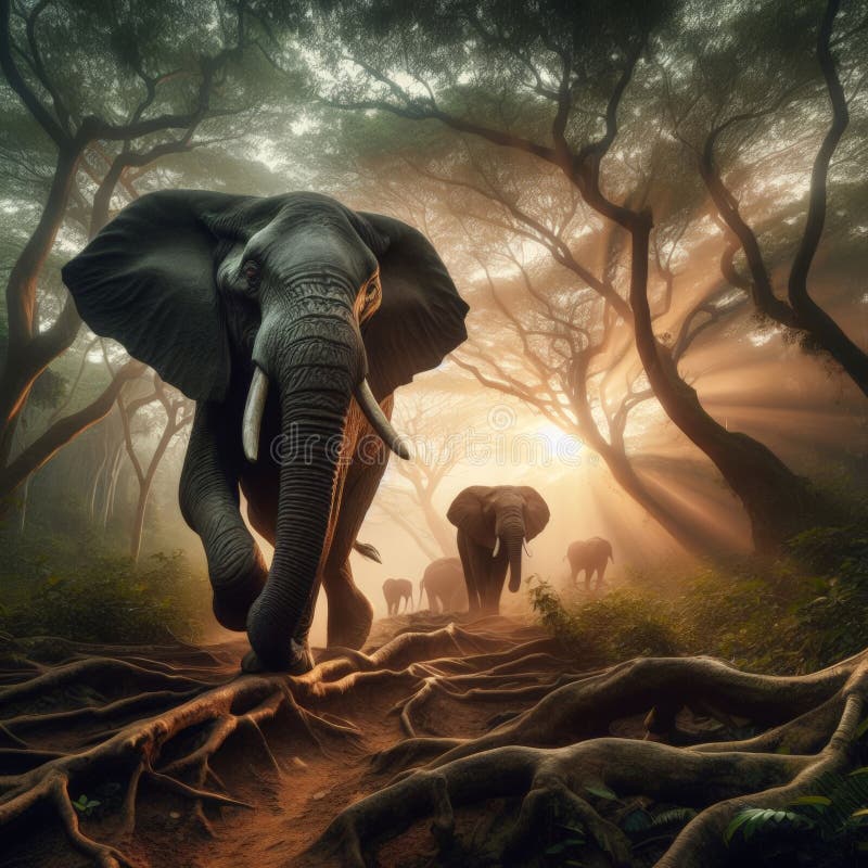 African elephant går genom africanas regnskog vektor illustrationer