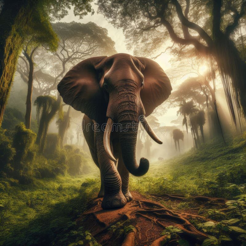 African elephant går genom africanas regnskog royaltyfri illustrationer