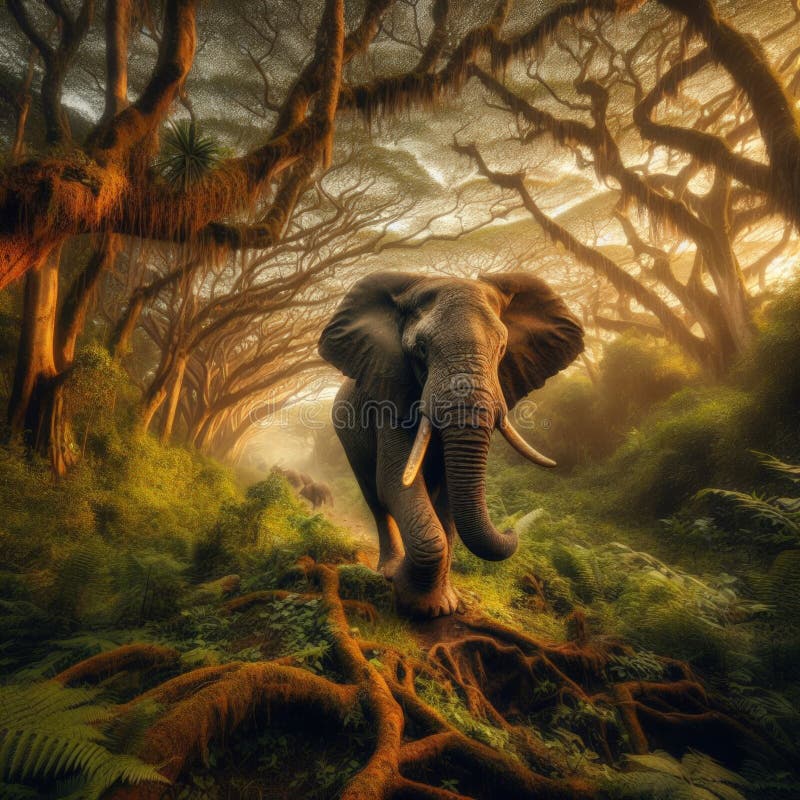 African elephant går genom africanas regnskog stock illustrationer