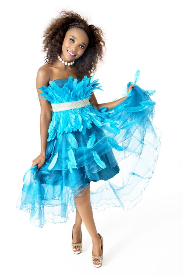 African Female Model Wearing Turquoise Feathered Dress, Full Length