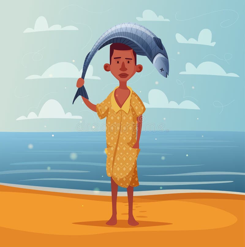 African Fisher With Fish. Cartoon Vector Illustration