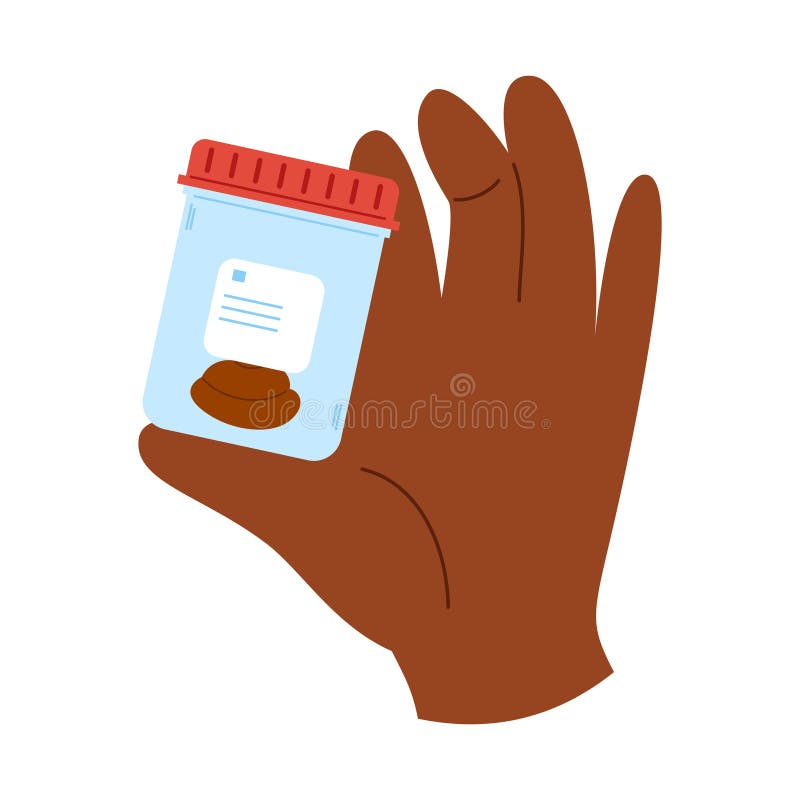 African hand holding plastic container with feces sample in fingers. Stool analysis vector illustration