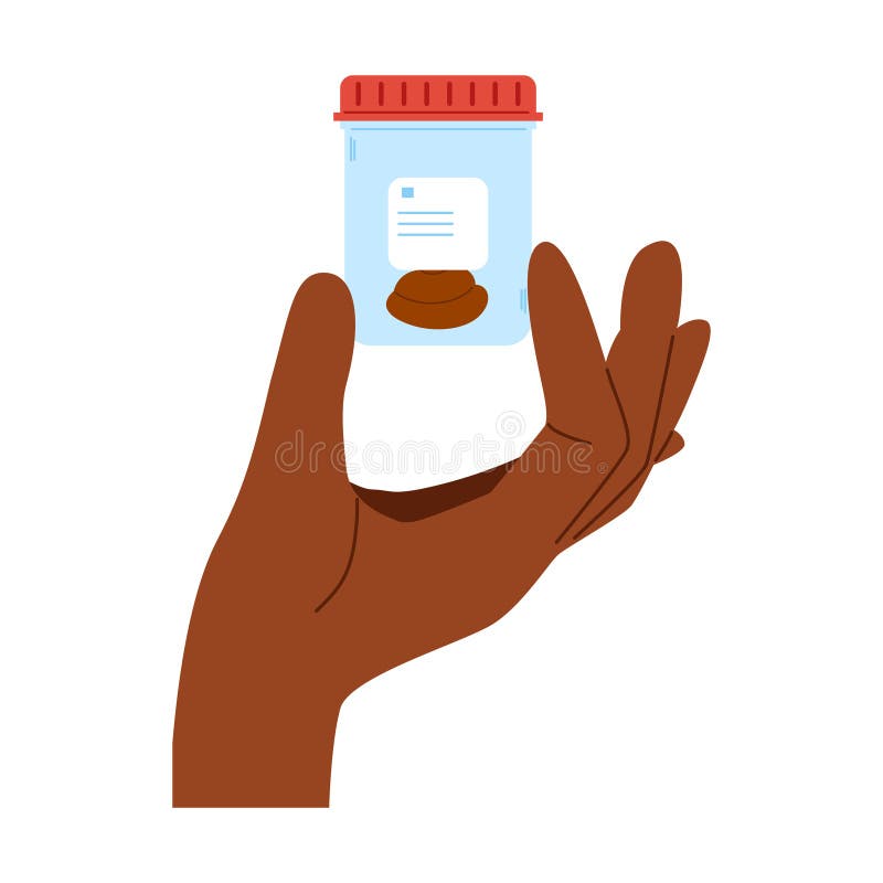 African hand holds test tube with biological material. Poop test. Plastic container with feces sample vector illustration