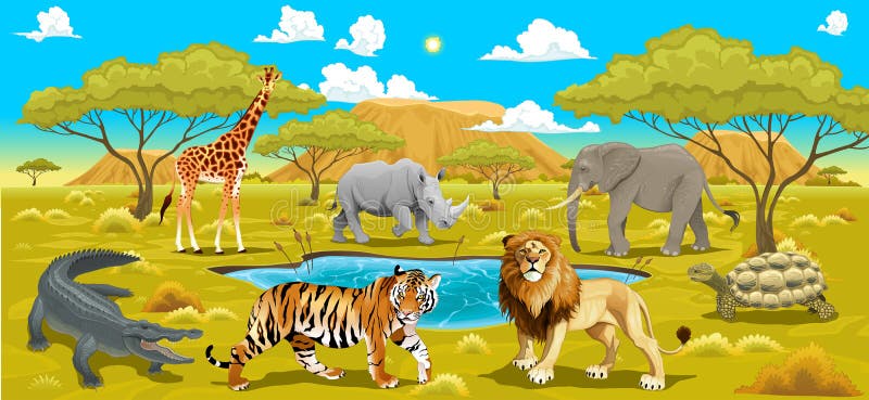 African landscape with animals.