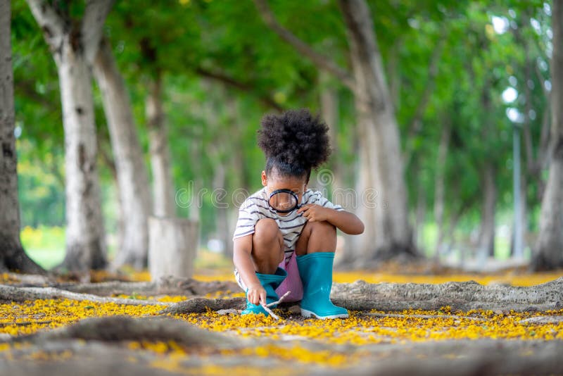 African little girl exploring in the woods and looking for insects, Child playing in the forest with magnifying glass. Curious kid. Searching with magnifying on