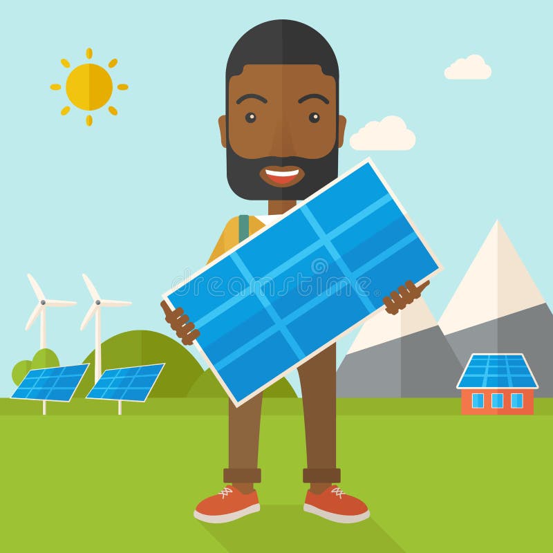 African man holding a solar panel