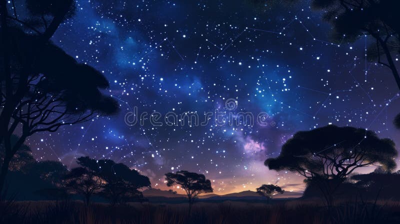 Under the mystical African night sky, a canvas of stars forms constellations that bring to life ancient myths and spiritual stories, bridging the celestial and the terrestrial. AI generated. Under the mystical African night sky, a canvas of stars forms constellations that bring to life ancient myths and spiritual stories, bridging the celestial and the terrestrial. AI generated