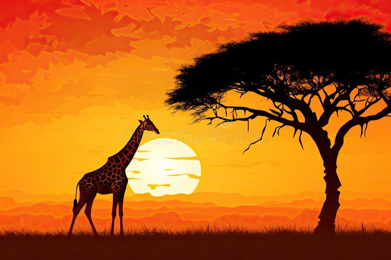 African Savanna Landscape with Giraffe and Acacia Tree at Sunset African Savanna Landscape with Giraffe and Acacia Tree at Sunset