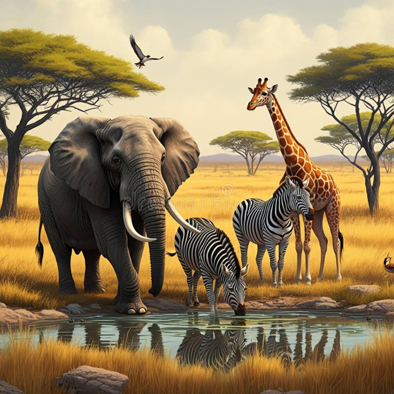 An African savanna scene featuring an elephant, giraffe, two zebras, and various birds stock illustration
