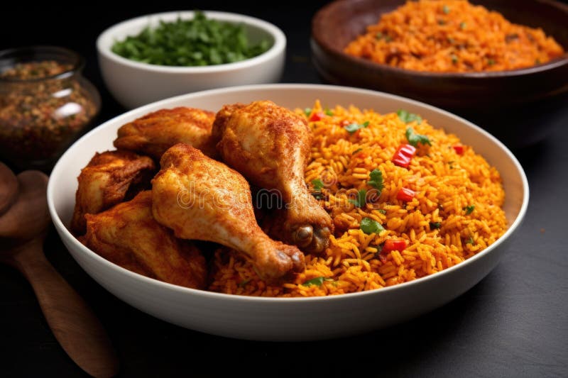 African-styled Jollof Rice with Fried Chicken Stock Photo - Image of