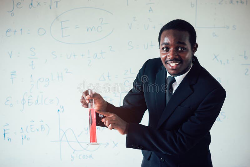 Science African Teacher Standing in Front of Blackboard Teaching