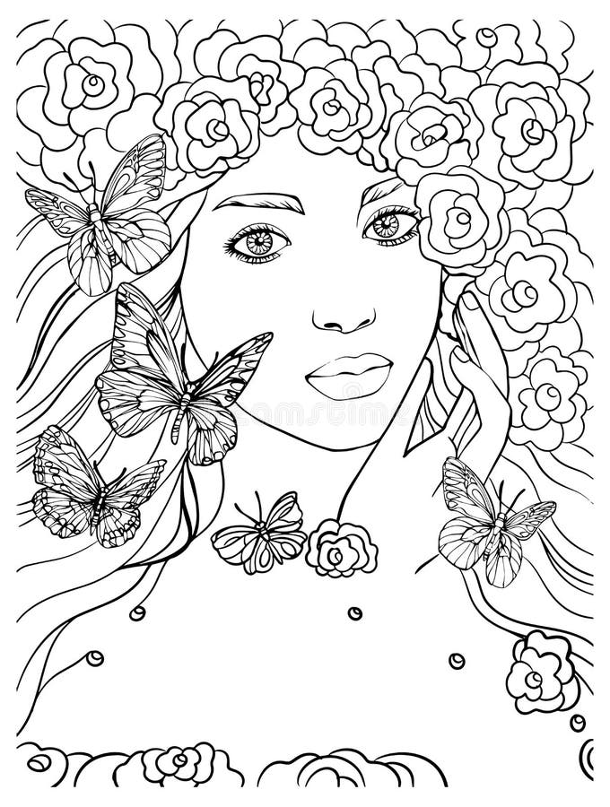 African Woman with Butterflies Linear Black and White Vector ...