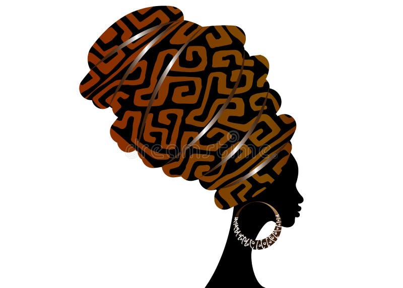 Portrait beautiful African woman in traditional turban, Kente head wrap. Mali Bogolan mud cloth, ethnic dashiki printing, isolated stock illustration