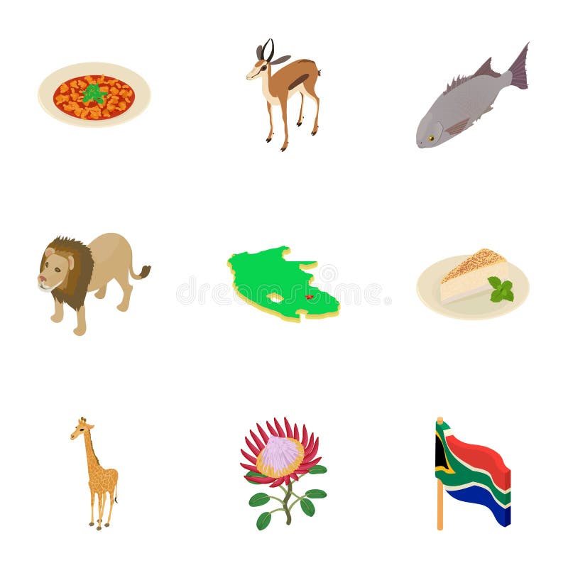 Afrika symbolsuppsättning, isometrisk stil royaltyfri illustrationer Afrika symbolsuppsättning, isometrisk stil royaltyfri illustrationer