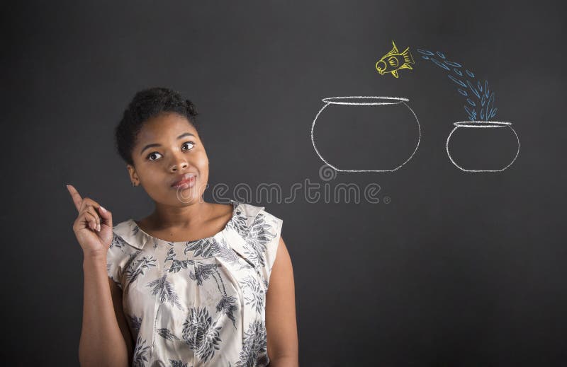 Afrikaans Amerikaans vrouwen goed idee met vissenkommen op bordachtergrond royalty-vrije stock afbeelding Afrikaans Amerikaans vrouwen goed idee met vissenkommen op bordachtergrond royalty-vrije stock afbeelding