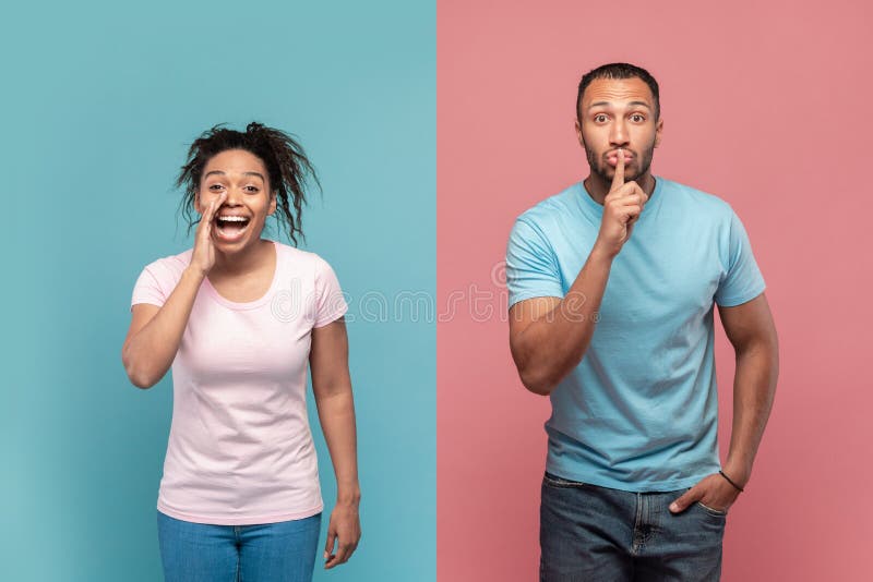 African american man gesturing hush sign, emotional woman holding palm near mouth and screaming information at camera isolated over blue and pink studio background wall. African american man gesturing hush sign, emotional woman holding palm near mouth and screaming information at camera isolated over blue and pink studio background wall