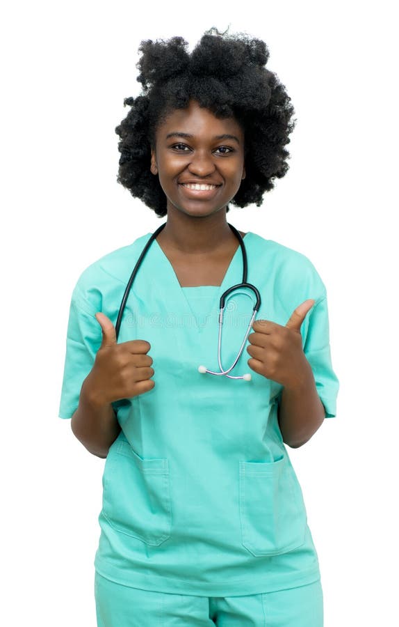 African american female nurse showing thumbs up isolated white background for cut out. African american female nurse showing thumbs up isolated white background for cut out