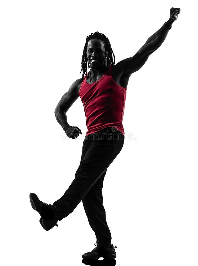 Afrikaanse mens die het dansende silhouet van geschiktheidszumba uitoefenen stock foto's Afrikaanse mens die het dansende silhouet van geschiktheidszumba uitoefenen stock foto's