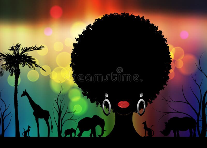 Afrikaanse van het het landschapsscène en portret van het safari dierlijke silhouet Afrikaanse vrouw in traditioneel krullend haa royalty-vrije illustratie Afrikaanse van het het landschapsscène en portret van het safari dierlijke silhouet Afrikaanse vrouw in traditioneel krullend haa royalty-vrije illustratie