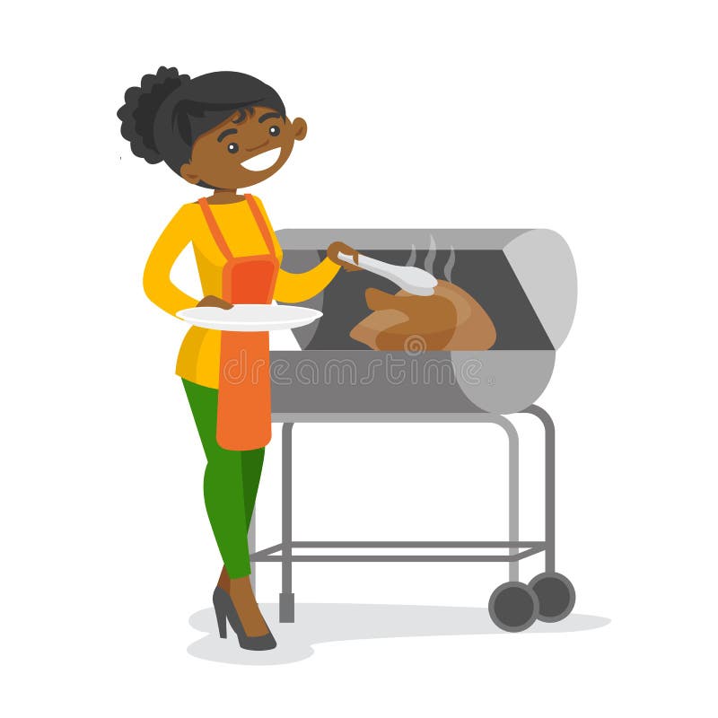 Afrikaanse vrouw die kip op de barbecue bereidt vector illustratie