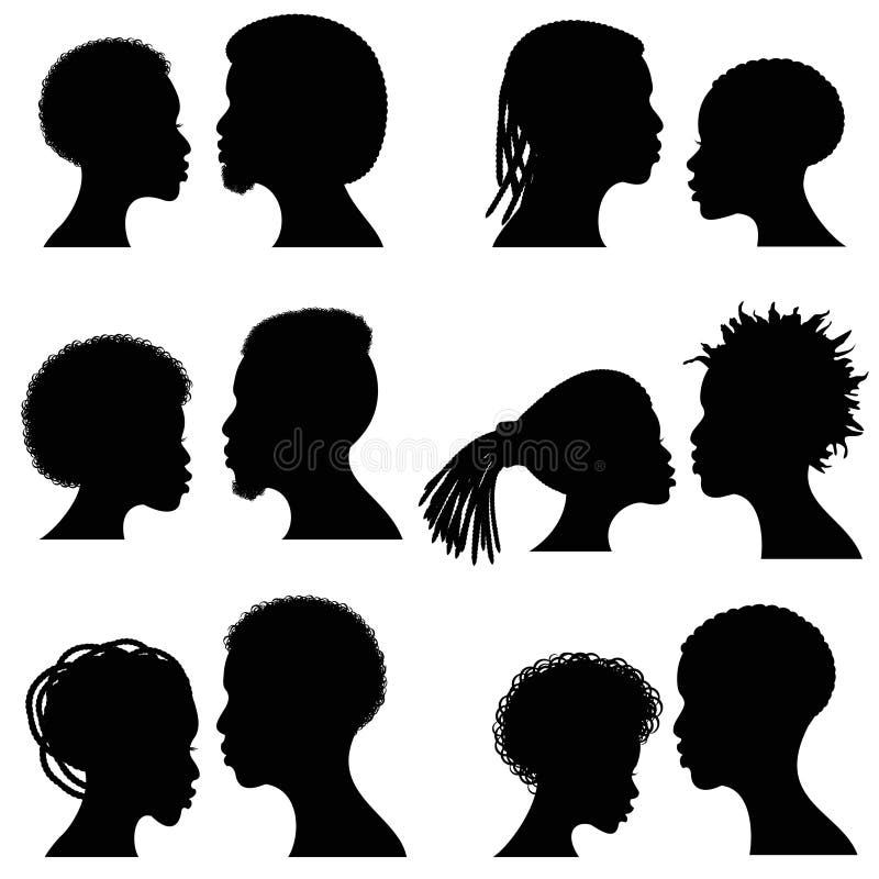 Afrikaanse vrouwelijke en mannelijke gezichts vectorsilhouetten Portretten van het Afro de Amerikaanse paar voor huwelijk en roma