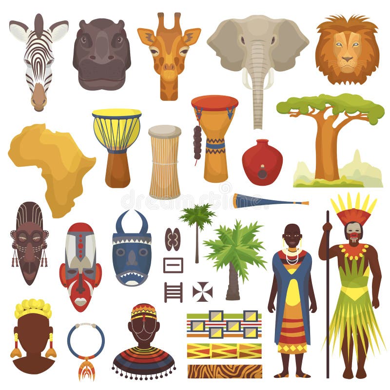 Afrikanische Kulturvektorcharaktere in der traditionellen Kleidung in Afrika mit ethnischer Stammes- Maske oder in den Trommeln i stock abbildung Afrikanische Kulturvektorcharaktere in der traditionellen Kleidung in Afrika mit ethnischer Stammes- Maske oder in den Trommeln i stock abbildung