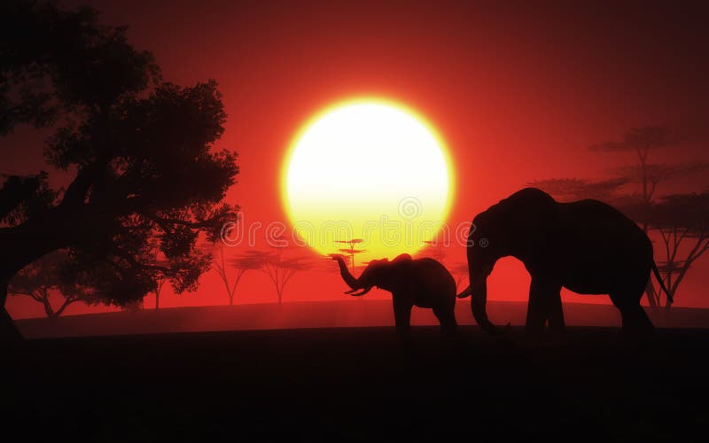 Afrikanische Landschaft 3d Mit Elefanten Bei Sonnenuntergang Stock Abbildung Illustration Von Afrika Landschaft