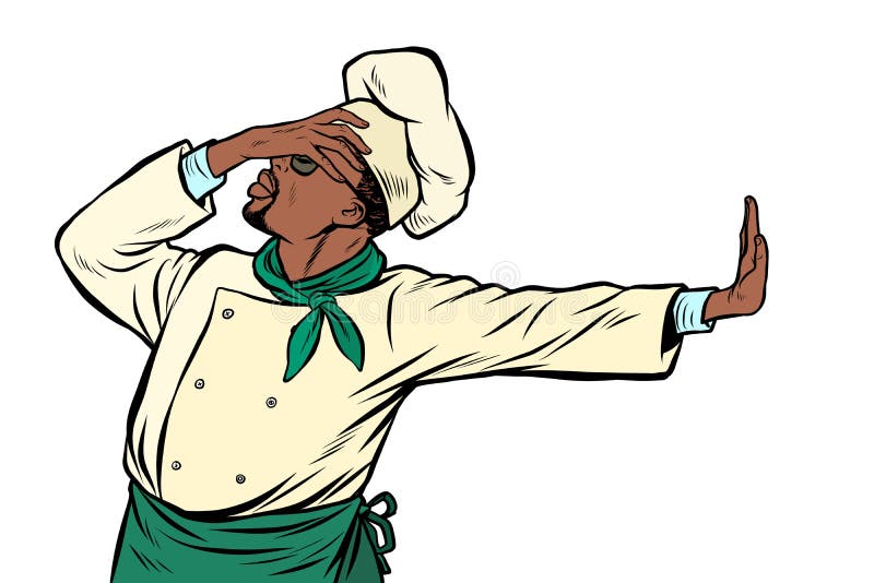 Afrikanischer Kochchef, Geste der Schande Ablehnung nein vektor abbildung Afrikanischer Kochchef, Geste der Schande Ablehnung nein vektor abbildung
