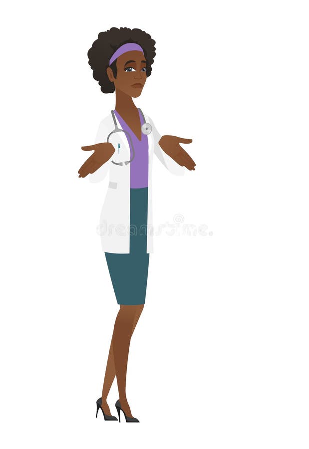 Afrikanischer verwirrter Doktor, der Schultern zuckt vektor abbildung Afrikanischer verwirrter Doktor, der Schultern zuckt vektor abbildung