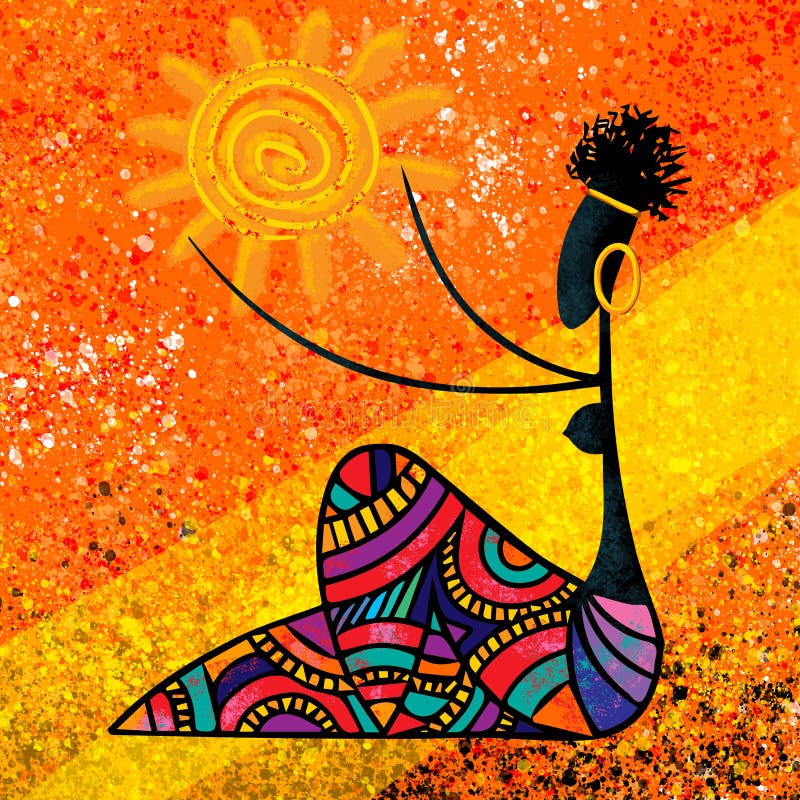 Afrikanisches Mädchen hält die Malleinwandgrafik der Sonne digitale ursprünglich in den warmen Farben