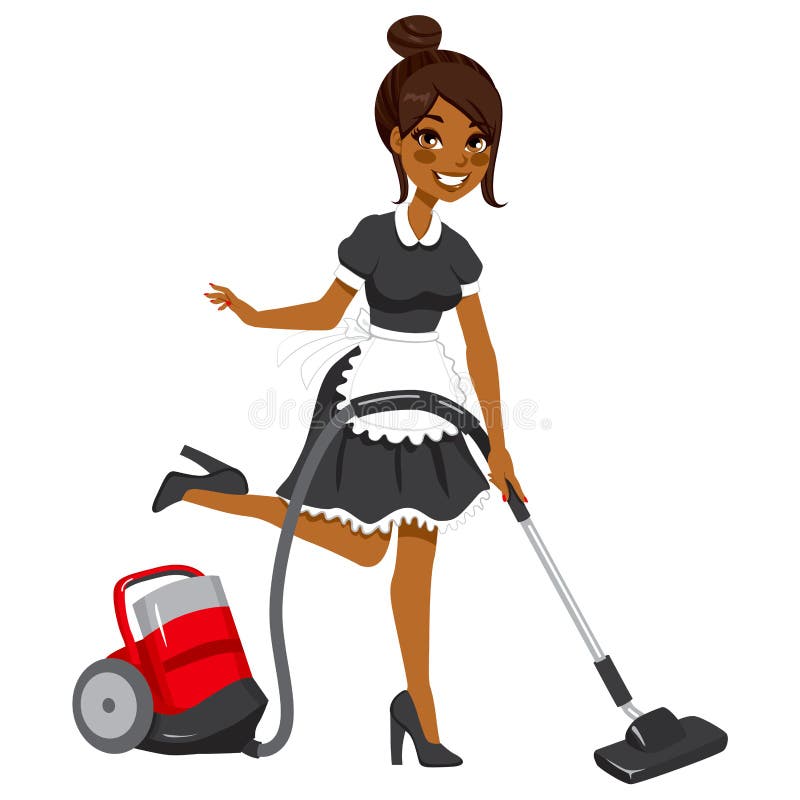 Beautiful African American woman in vintage maid dress cleaning using red vacuum cleaner. Beautiful African American woman in vintage maid dress cleaning using red vacuum cleaner