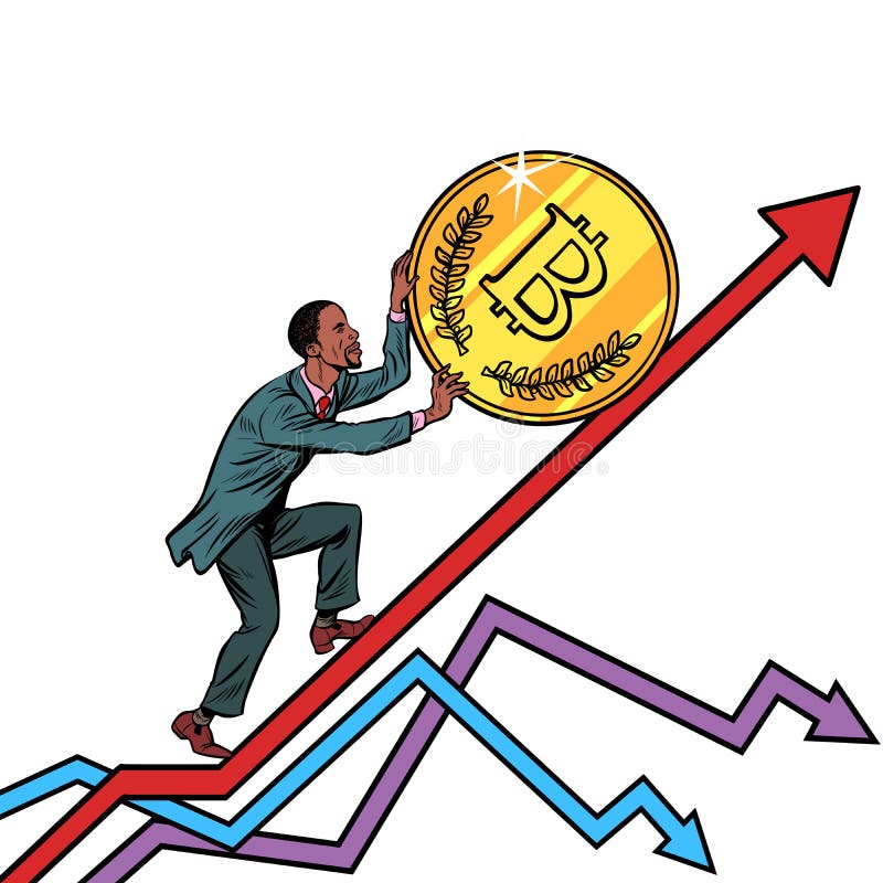 Afrikansk amerikanmanrulle ett bitcoinmynt upp stock illustrationer