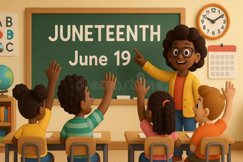 Afrikansk amerikansk lärare och barn som firar den 11:e århundradet i ett klassrum med utbildningsaktiviteter på june 19. begrepp stock illustrationer