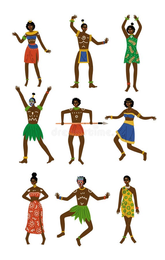 Afrikansk folkuppsättning, man och kvinnlig infödd iklädd ljus traditionell stam- etnisk smyckenvektor för kläder och stock illustrationer Afrikansk folkuppsättning, man och kvinnlig infödd iklädd ljus traditionell stam- etnisk smyckenvektor för kläder och stock illustrationer