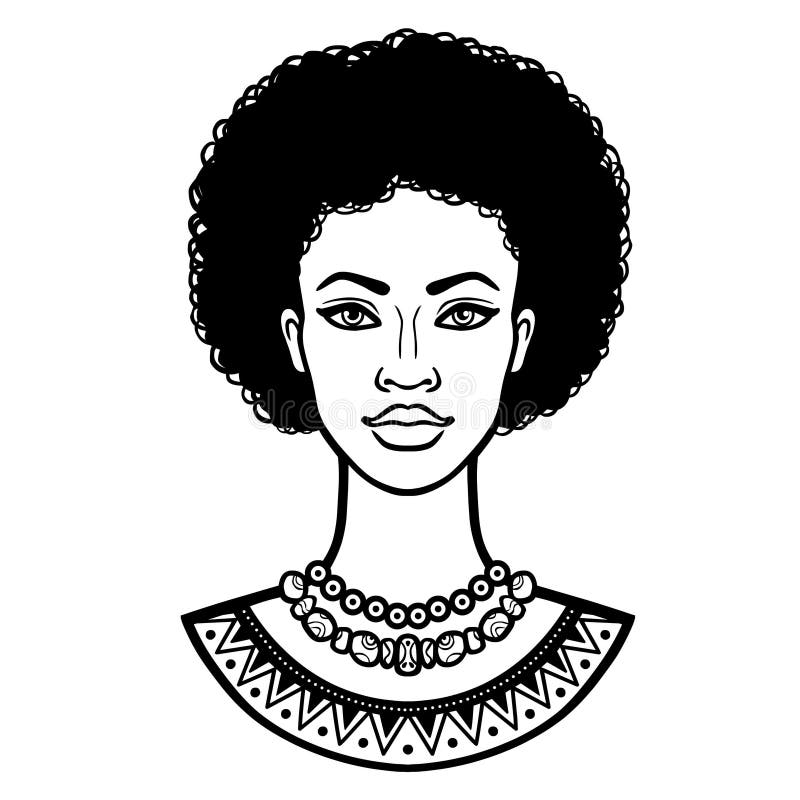 Afrikansk sk? nhet: animeringst? ende av den h? rliga svarta kvinnan i ett lockigt h? r royaltyfri illustrationer