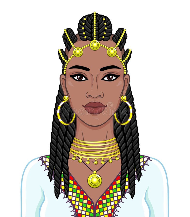 Afrikansk sk? nhet: animeringst? ende av den h? rliga svarta kvinnan i etth? r och guld- smycken stock illustrationer